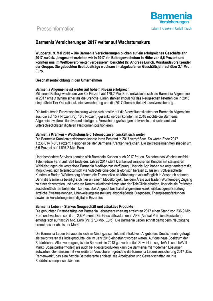 Barmenia Versicherungen 2017 weiter auf Wachstumskurs