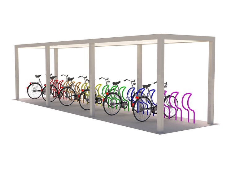 Rendering cykeltak SHARP med flerfärgade cykelställ i modell Arc