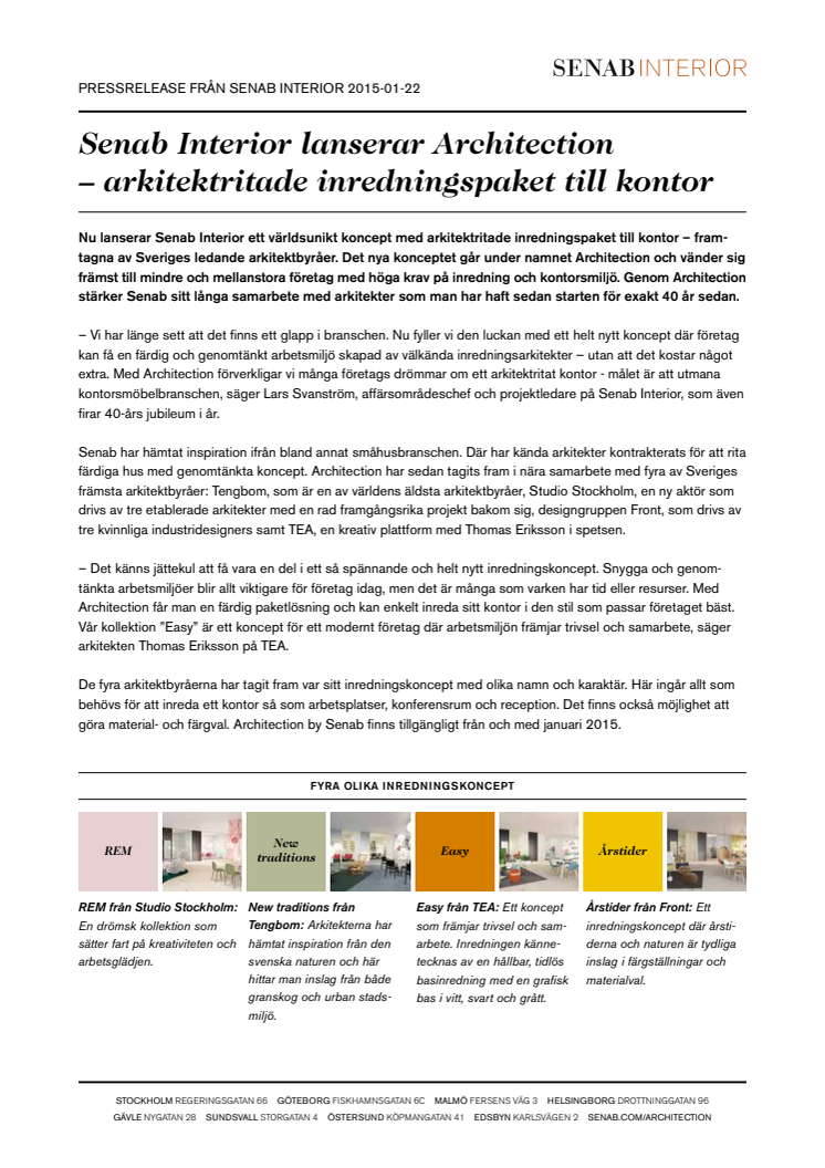 Senab Interior lanserar Architection  – arkitektritade inredningspaket till kontor