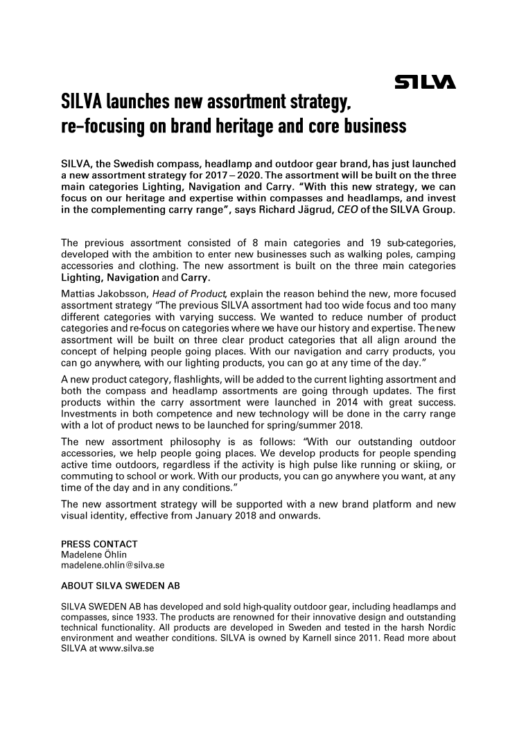 SILVA launches new assortment strategy,  re-focusing on brand heritage and core business    