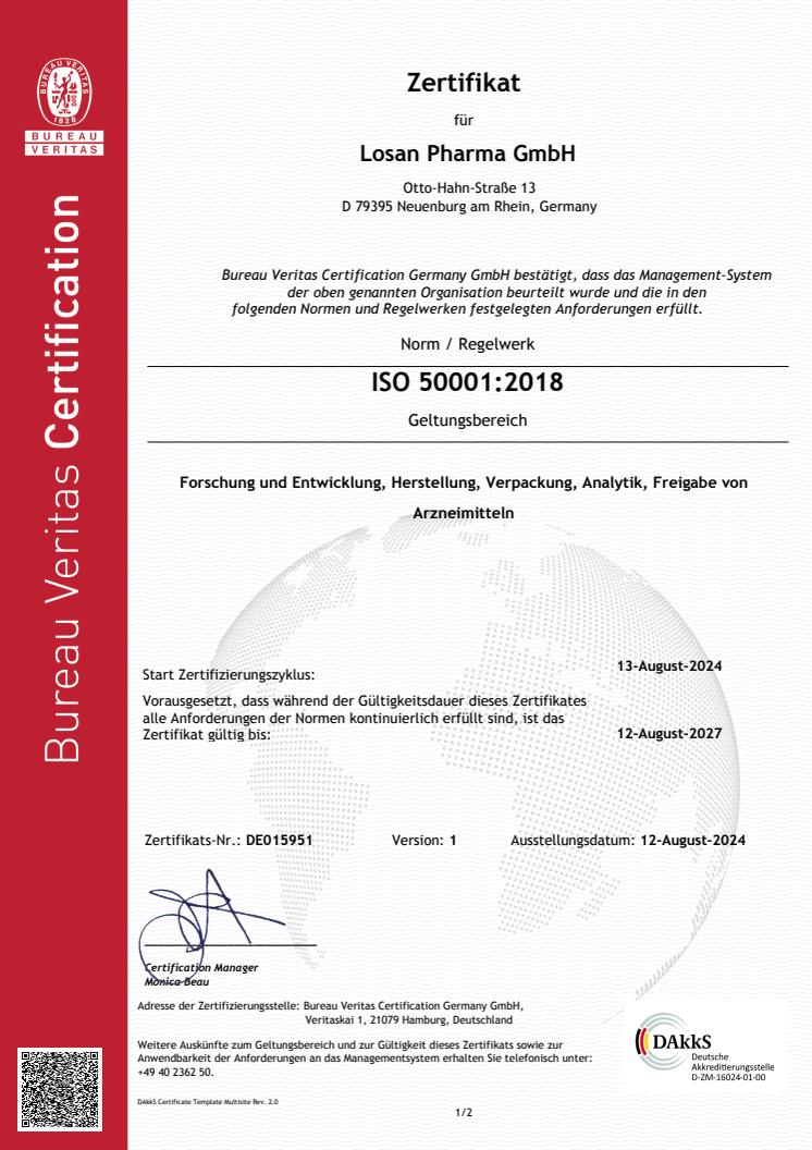 Certificate DE015951  LOSAN Pharma GmbH ISO 50001 Dakks DE