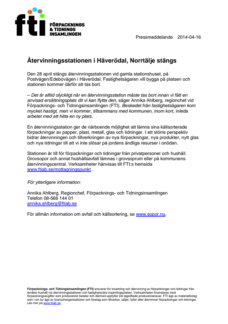 Återvinningsstationen i Häverödal, Norrtälje stängs