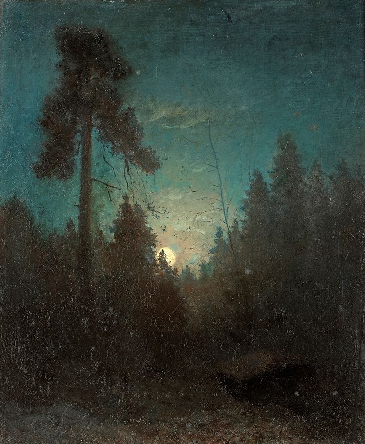 Carl Fredrik Hill, Månsken med uppskjutande tall, omkr. 1875, Olja på duk, 55,5 x 46 cm.  