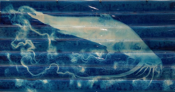  EDGAR CLEIJNE AND ELLEN GALLAGHER HIGHWAY GOTHIC, 2017 (DETAIL) 16 MM FILM INSTALLATION WITH 70 MM FILM CYANOTYPE BANNERS COURTESY OF THE ARTISTS AND HAUSER & WIRTH AND GAGOSIAN