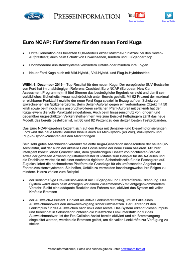 Euro NCAP: Fünf Sterne für den neuen Ford Kuga