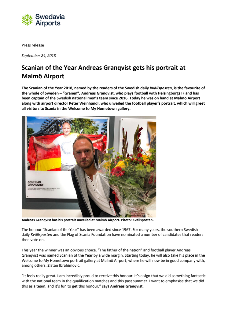 Scanian of the Year Andreas Granqvist gets his portrait at Malmö Airport