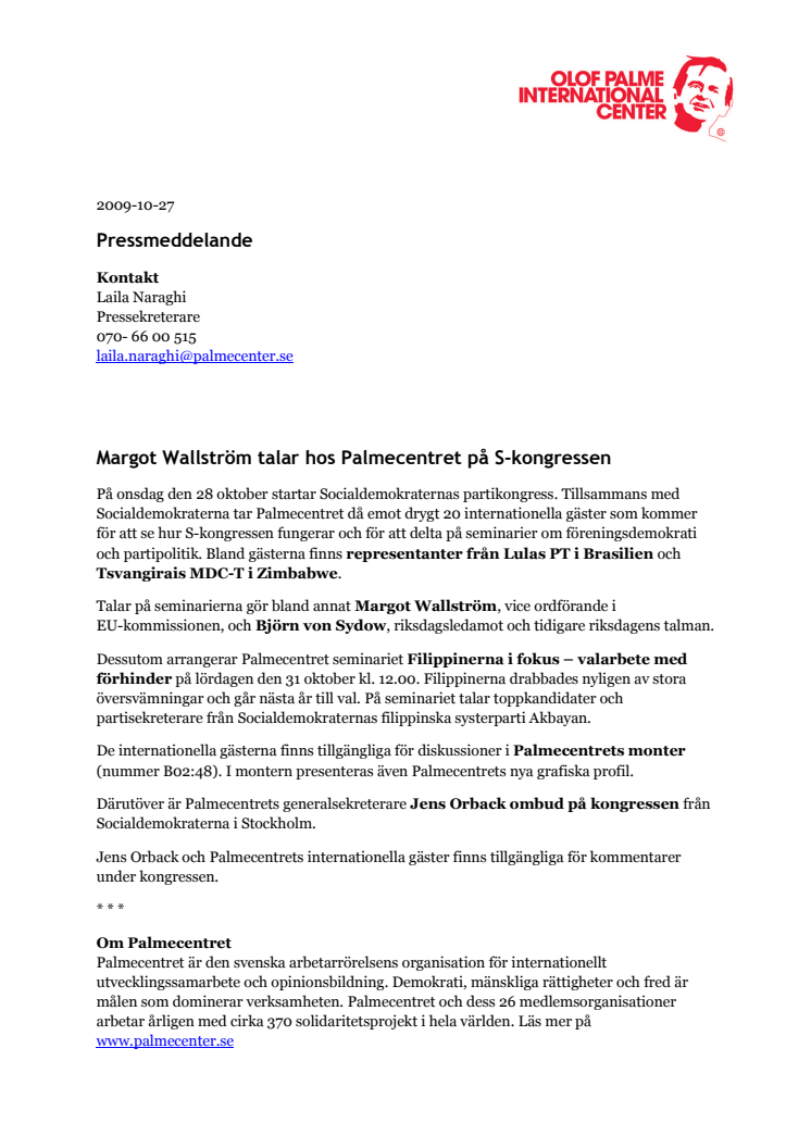 Margot Wallström talar hos Palmecentret på S-kongressen