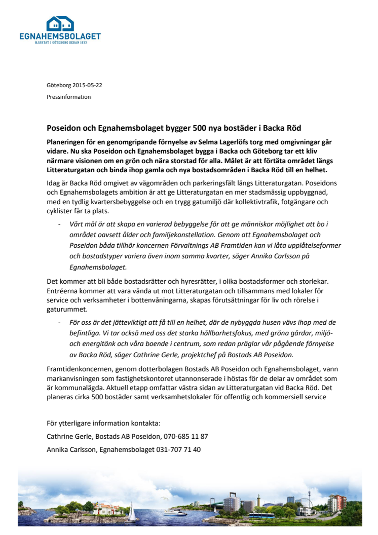 Poseidon och Egnahemsbolaget bygger 500 nya bostäder i Backa Röd