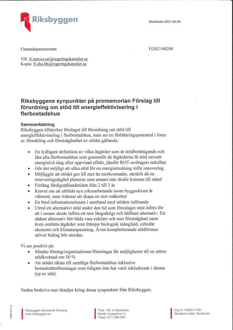 Riksbyggens remissvar gällande ”Fi2021/00200 Förslag till förordning om stöd till energieffektivisering i flerbostadshus”