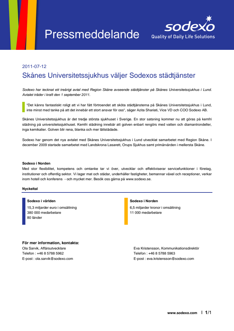 Skånes Universitetssjukhus väljer Sodexos städtjänster