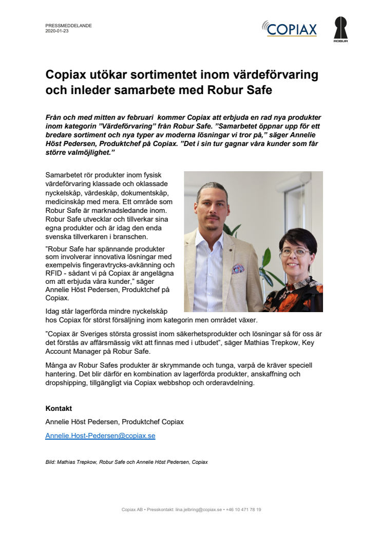  Copiax utökar sortimentet inom värdeförvaring och inleder samarbete med Robur Safe 