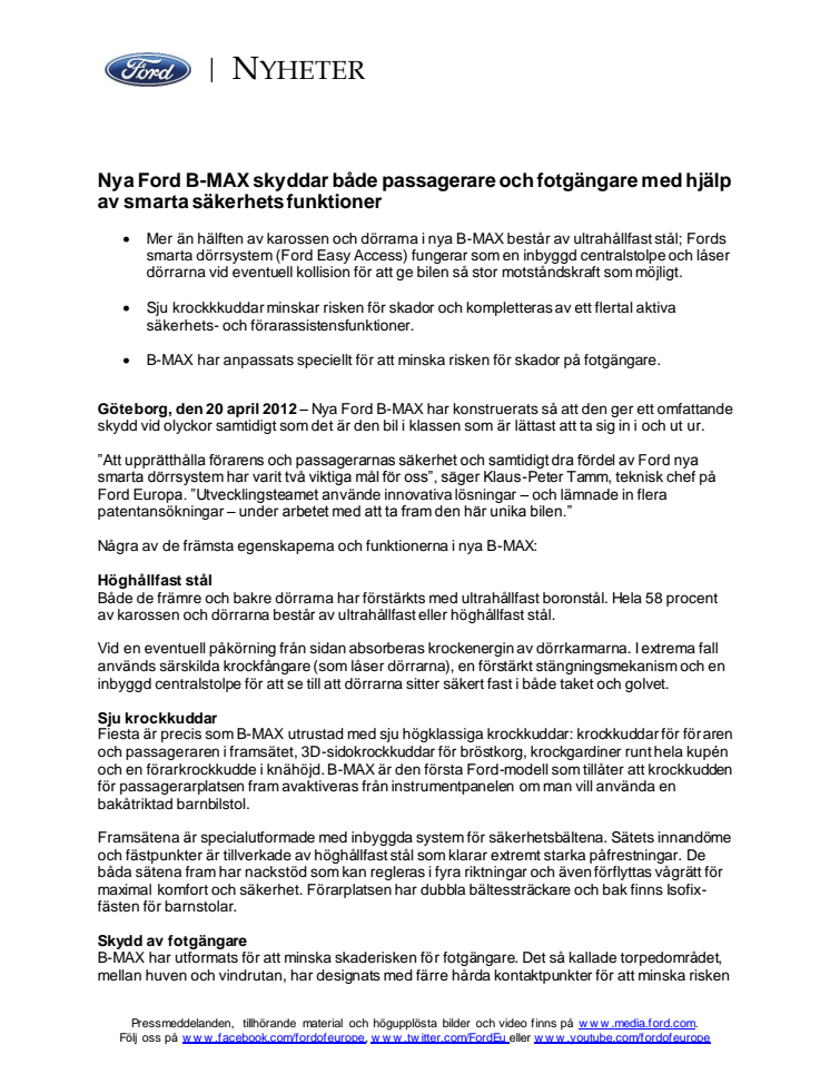 Nya Ford B-MAX skyddar både passagerare och fotgängare med hjälp av smarta säkerhets funktioner