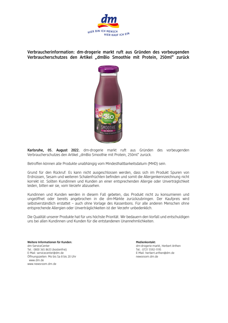 Verbraucherinformation: dm-drogerie markt ruft aus Gründen des vorbeugenden Verbraucherschutzes den Artikel „dmBio Smoothie mit Protein, 250ml“ zurück