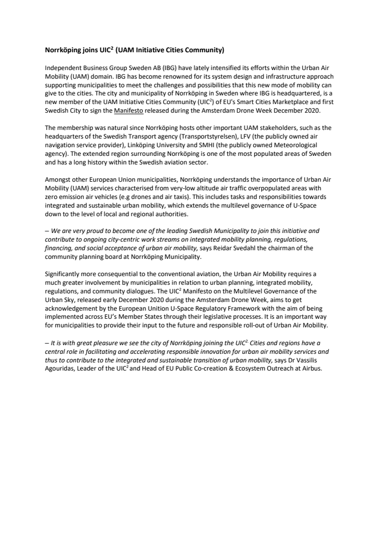 Norrköping joins UIC2  UAM Initiative Cities Community
