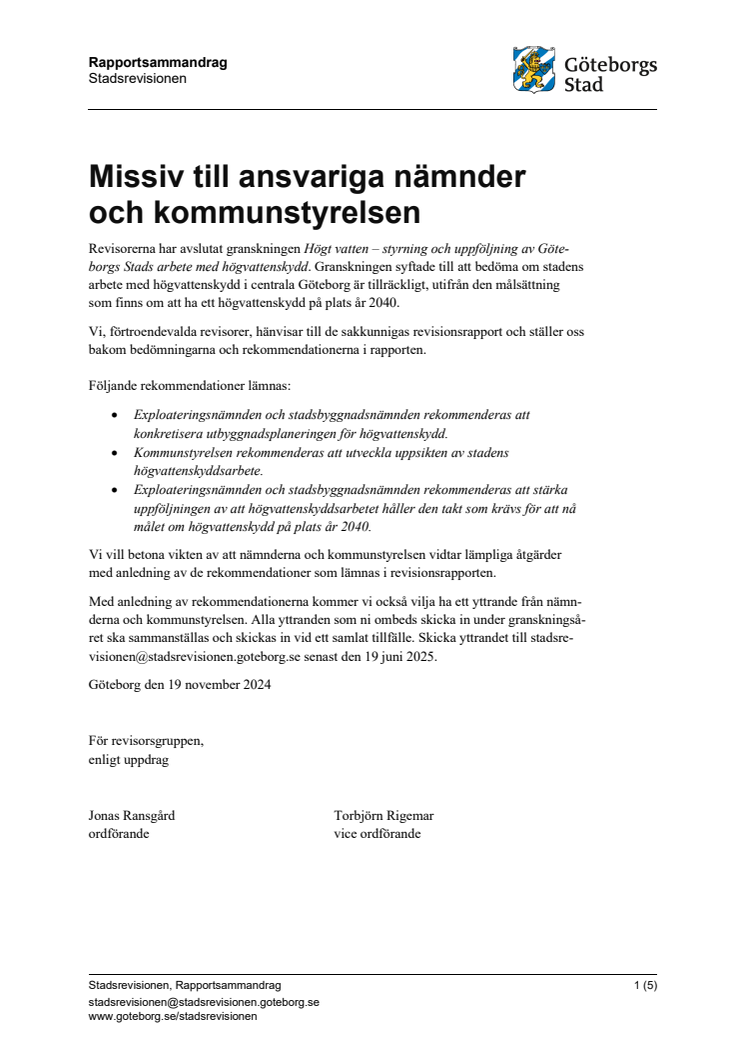 Rapportsammandrag – Högt vatten – styrning och uppföljning av Göteborgs Stads arbete med högvattenskydd.pdf