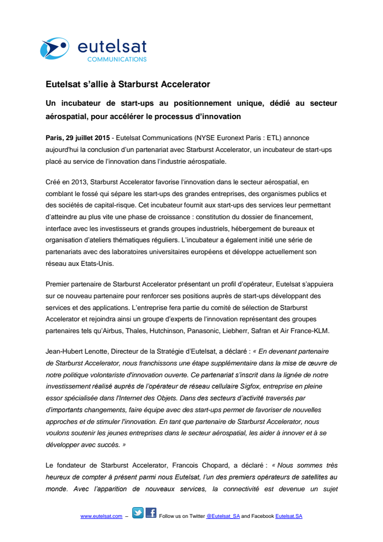 Eutelsat s’allie à Starburst Accelerator