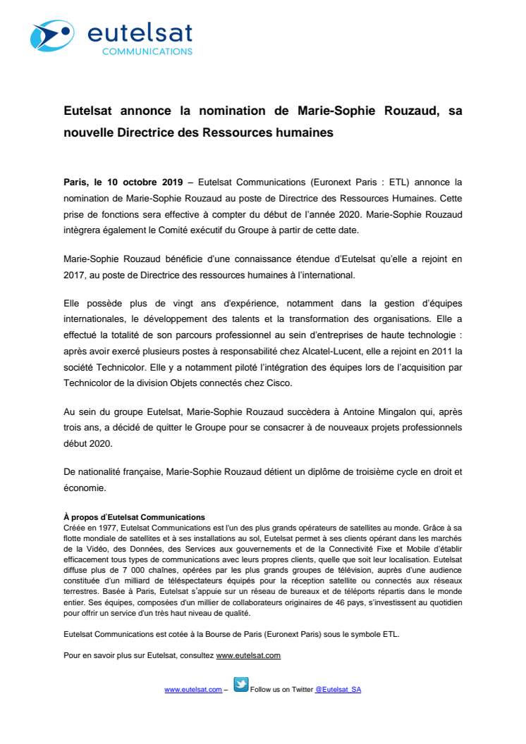 Eutelsat annonce la nomination de Marie-Sophie Rouzaud, sa nouvelle Directrice des Ressources humaines 