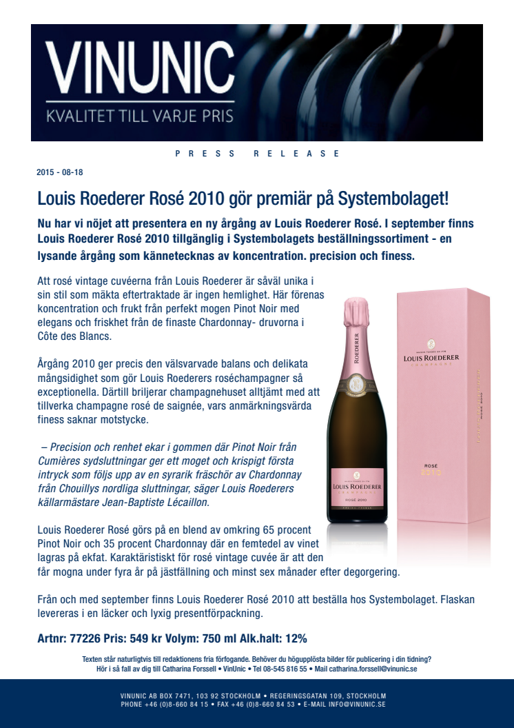 Louis Roederer Rosé 2010 gör premiär på Systembolaget