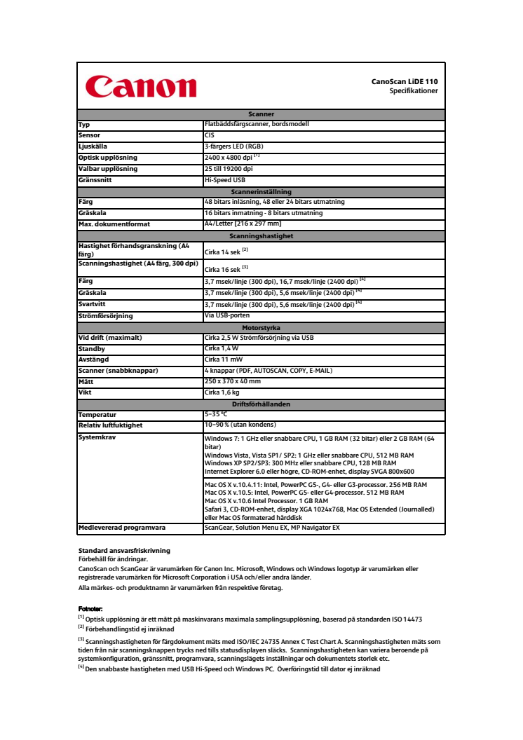 Tekniska data CanoScan LiDE 110