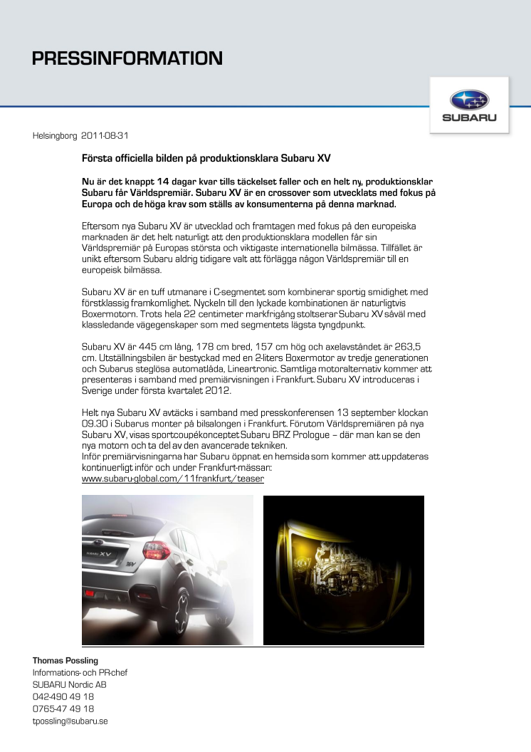 Första officiella bilden på produktionsklara Subaru XV