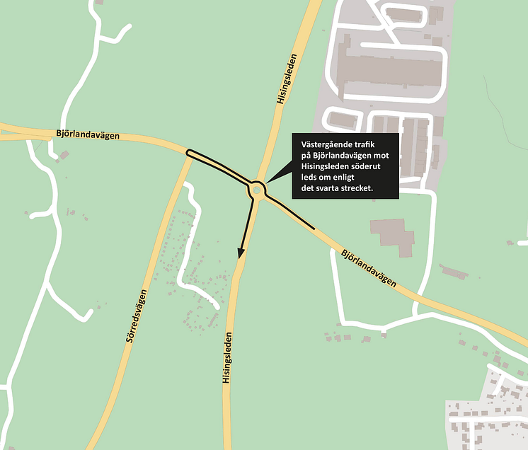 Trafiken leds om via rondellen vid Sörredsvägen