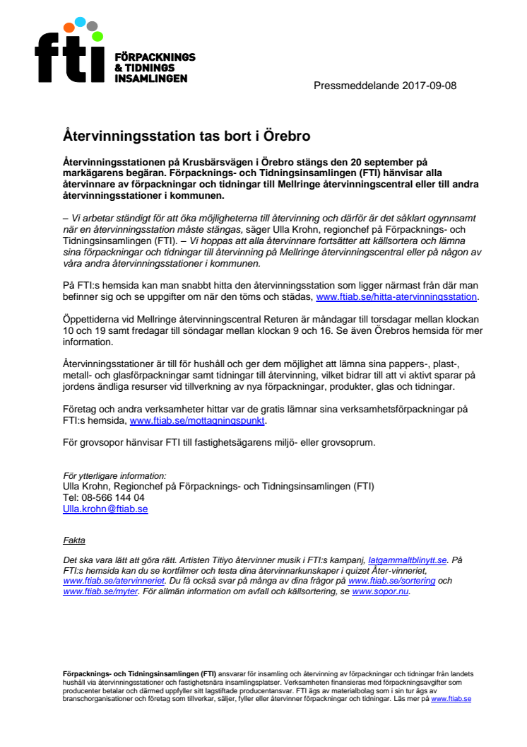 Återvinningsstation tas bort i Örebro