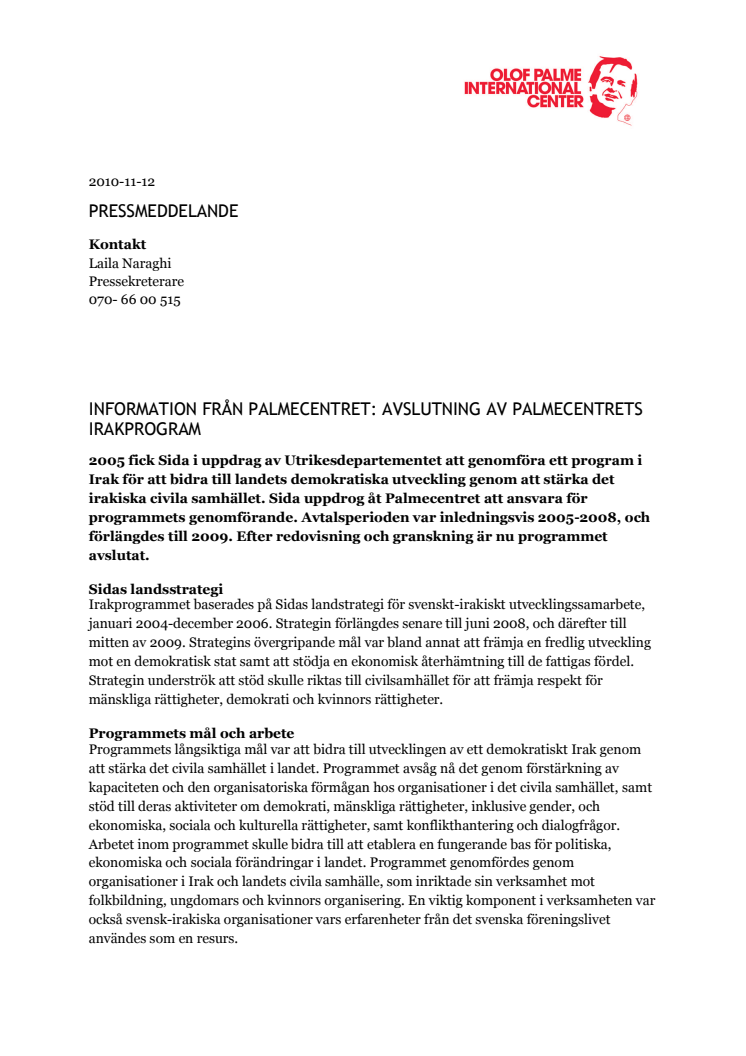 Information från Palmecentret: Avslutning av Palmecentrets Irakprogram