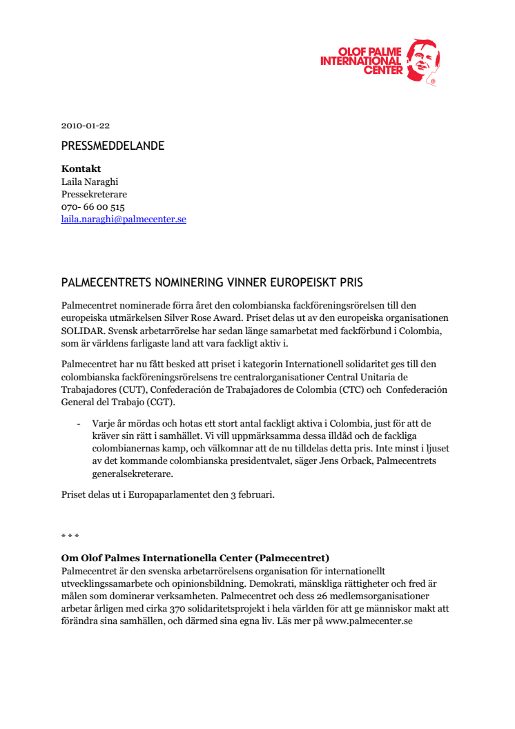 Palmecentrets nominering vinner europeiskt pris