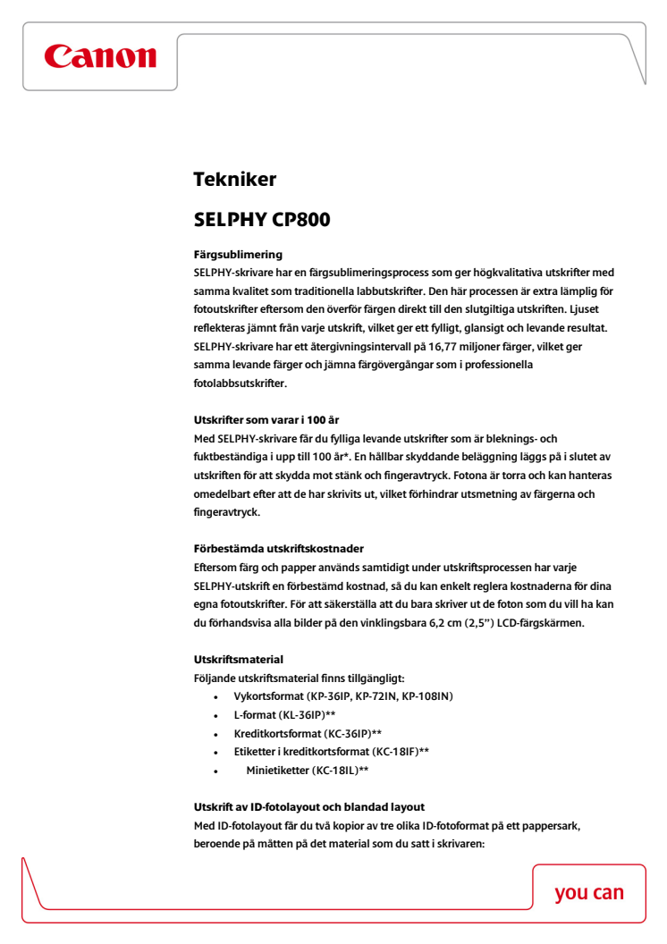 Teknisk förklaring SELPHY CP800