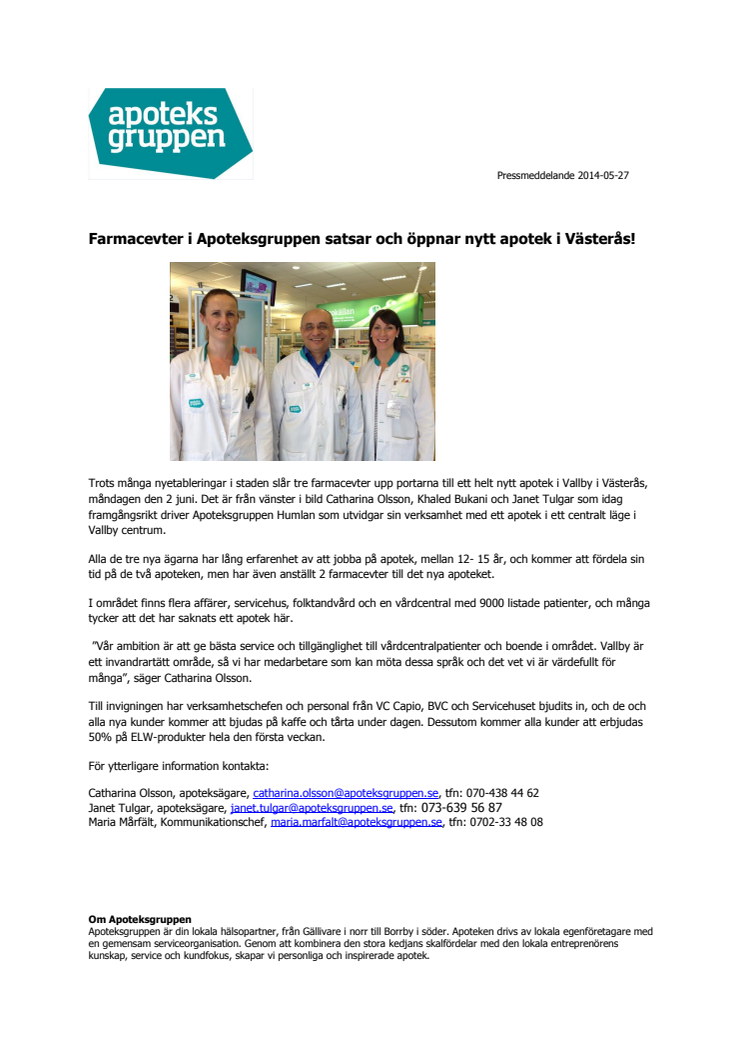 Farmacevter i Apoteksgruppen satsar och öppnar nytt apotek i Västerås! 