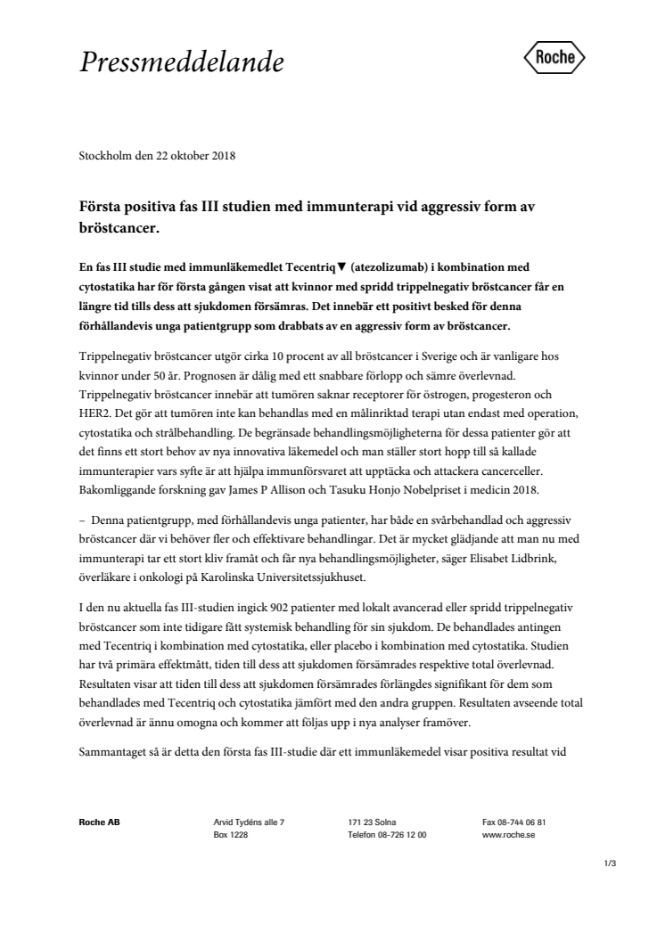 Första positiva fas III studien med immunterapi vid aggressiv form av bröstcancer
