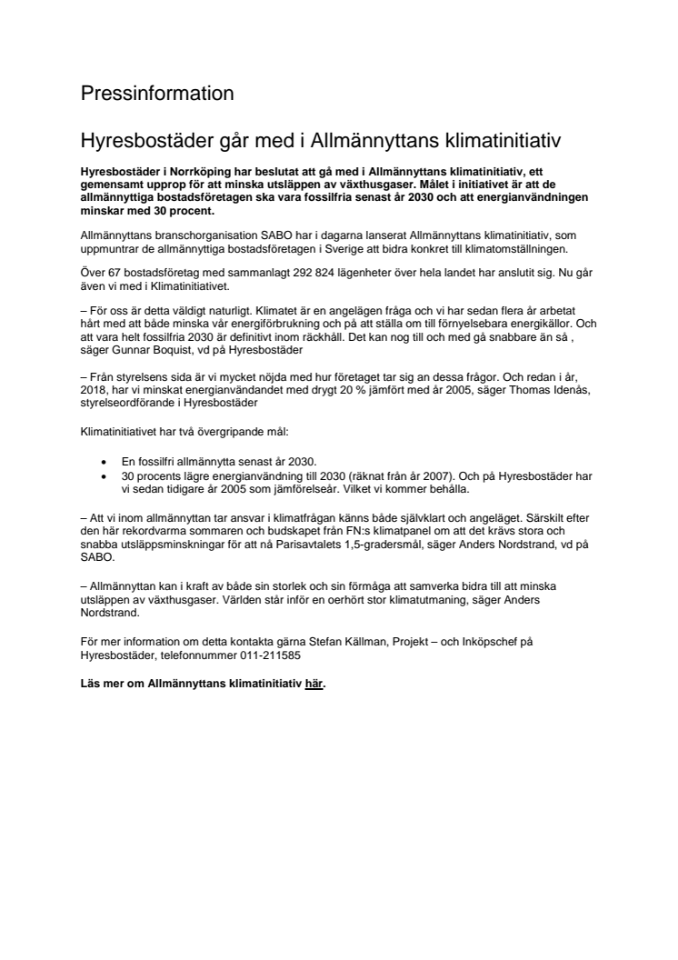 Hyresbostäder går med i Allmännyttans klimatinitiativ