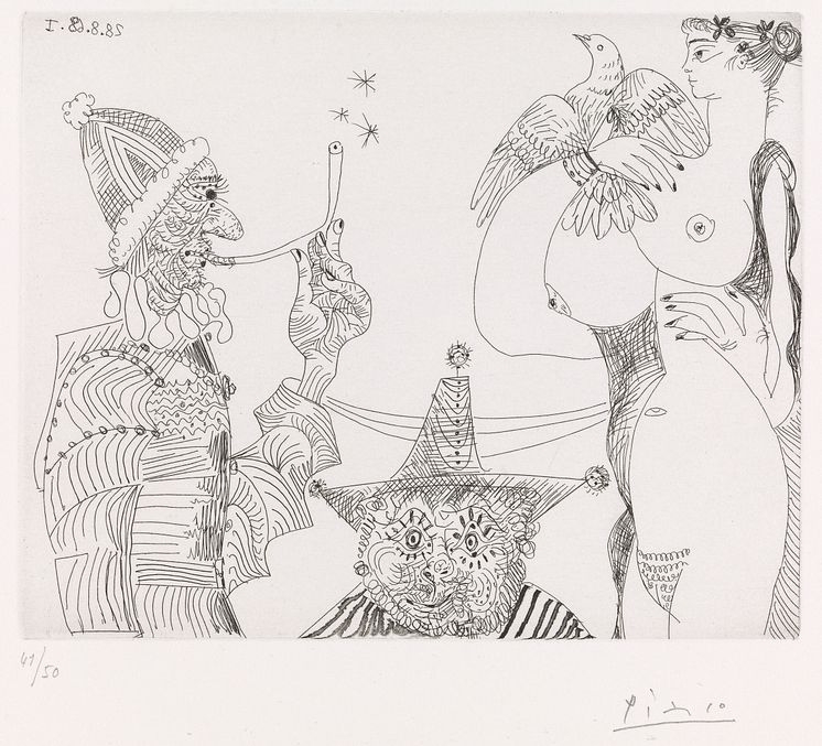 Pablo Picasso: 28. august 1968. Streketsning på papir. © Succession Pablo Picasso / BONO 2019. Foto: Nasjonalmuseet for kunst, arkitektur og design.