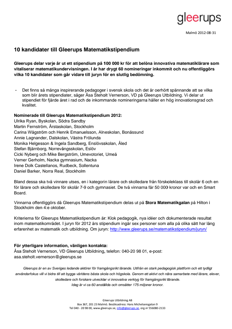 10 kandidater till Gleerups Matematikstipendium 