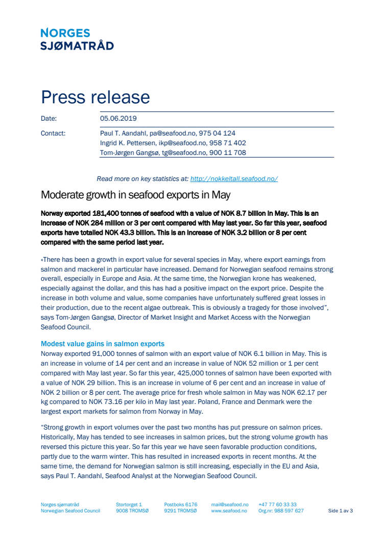 Moderate growth in seafood exports in May