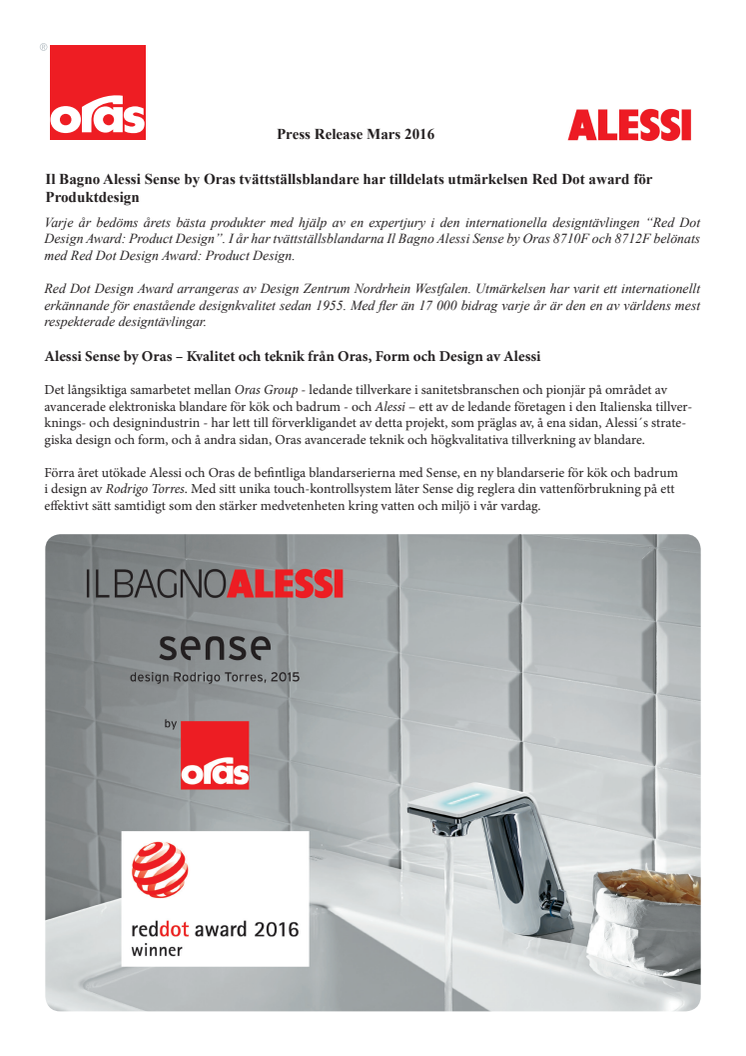 Il Bagno Alessi Sense by Oras har tilldelats utmärkelsen Red Dot award: Product Design