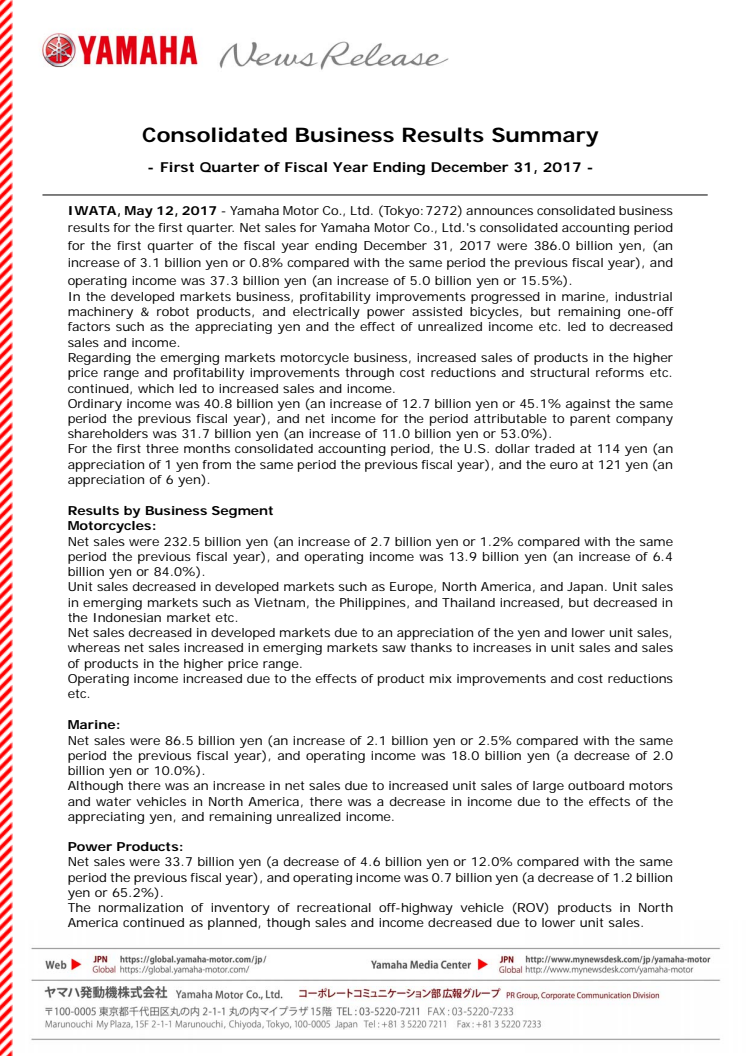 Consolidated Business Results Summary　- First Quarter of Fiscal Year Ending December 31, 2017 -