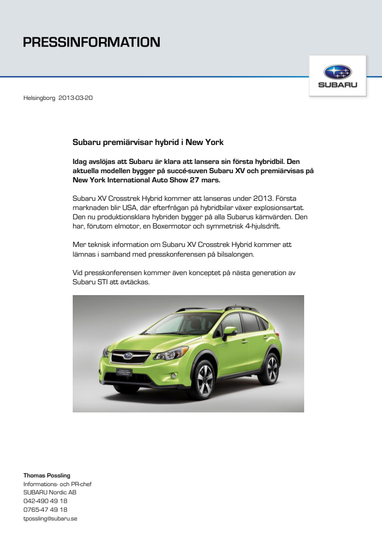 Subaru premiärvisar hybrid i New York