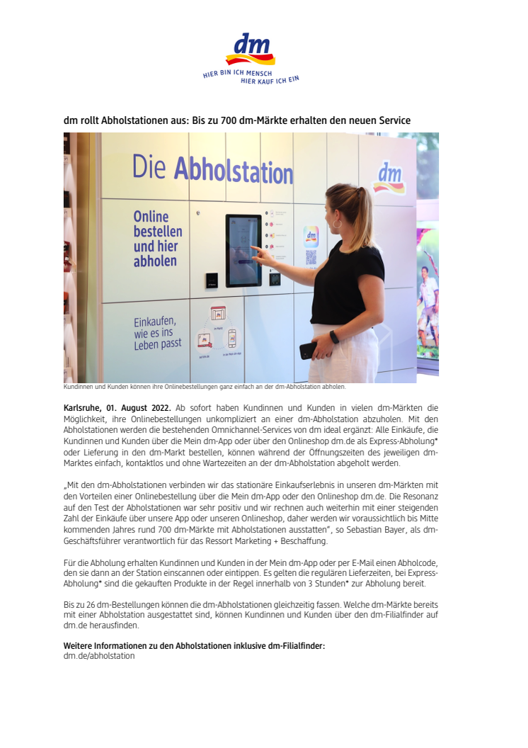 dm rollt Abholstationen aus: Bis zu 700 dm-Märkte erhalten den neuen Service