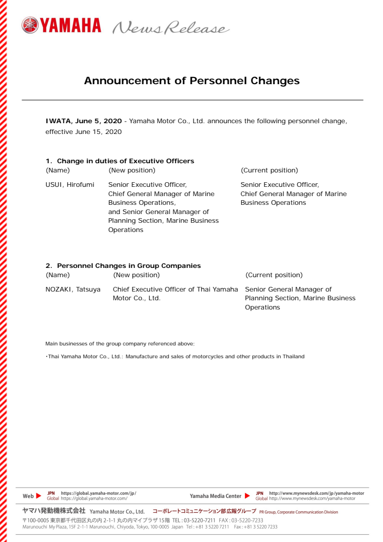 Announcement of Personnel Changes