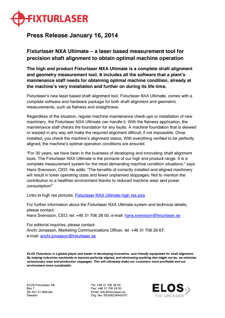 Fixturlaser NXA Ultimate – a laser based measurement tool for precision shaft alignment to obtain optimal machine operation
