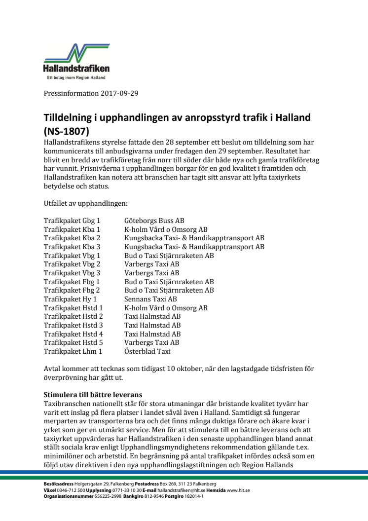 Tilldelning i upphandlingen av anropsstyrd trafik i Halland (NS‐1807)