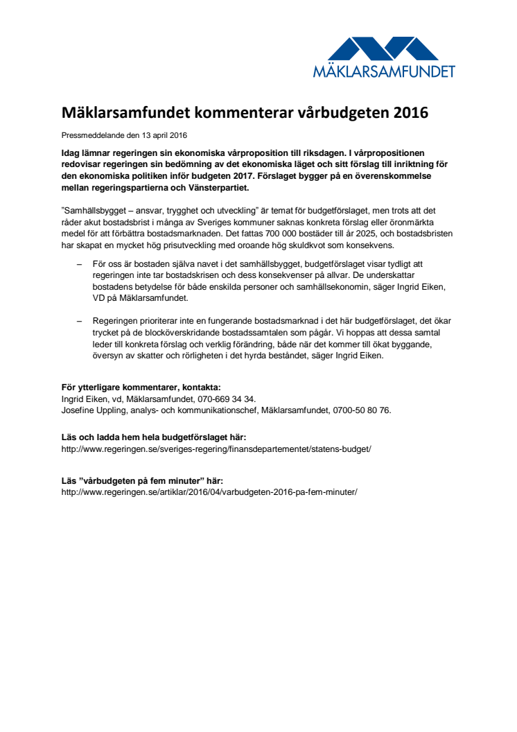 ​Mäklarsamfundet kommenterar vårbudgeten 2016