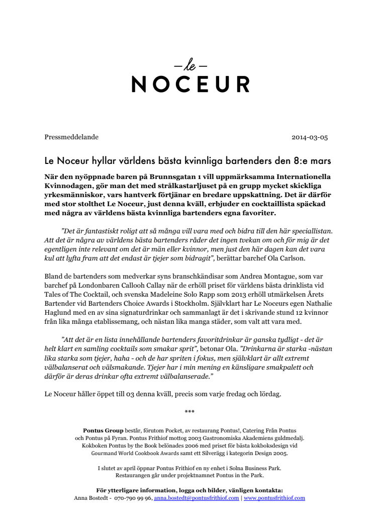 Le Noceur hyllar världens bästa kvinnliga bartenders den 8:e mars