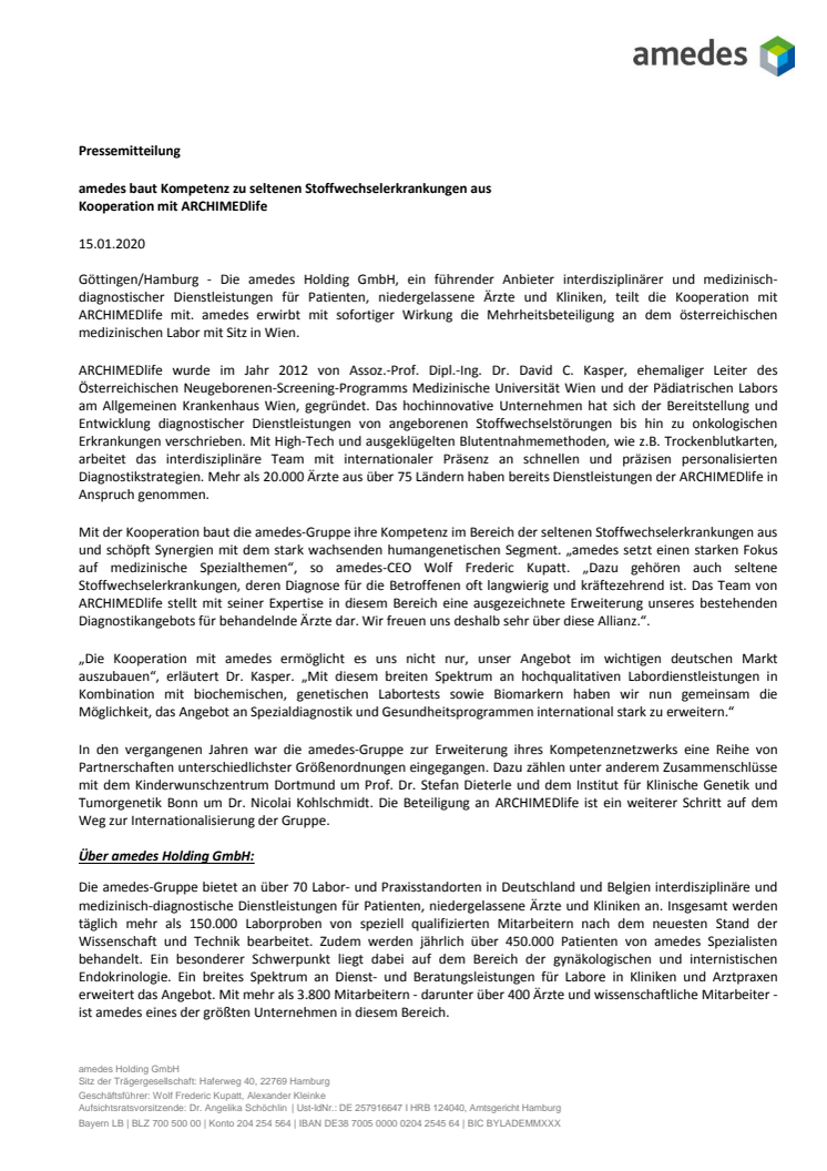 amedes baut Kompetenz zu seltenen Stoffwechselerkrankungen aus - Kooperation mit ARCHIMEDlife