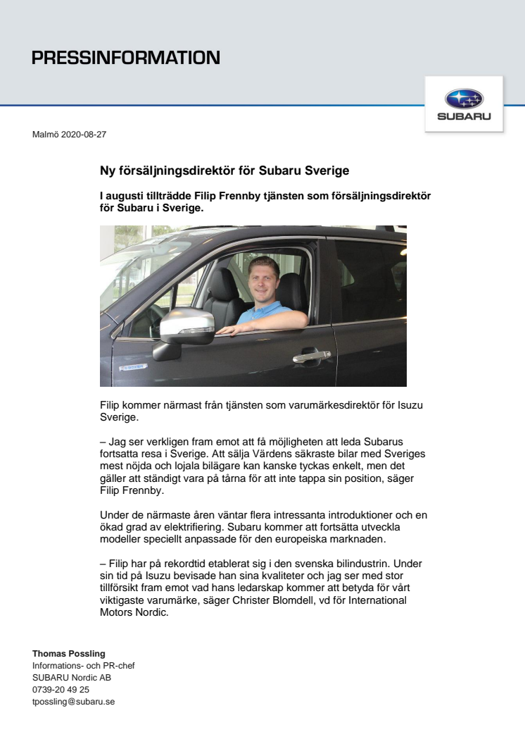 ​Ny försäljningsdirektör för Subaru Sverige