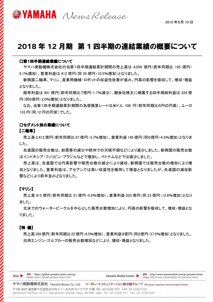 2018年12月期　第1四半期の連結業績の概要について