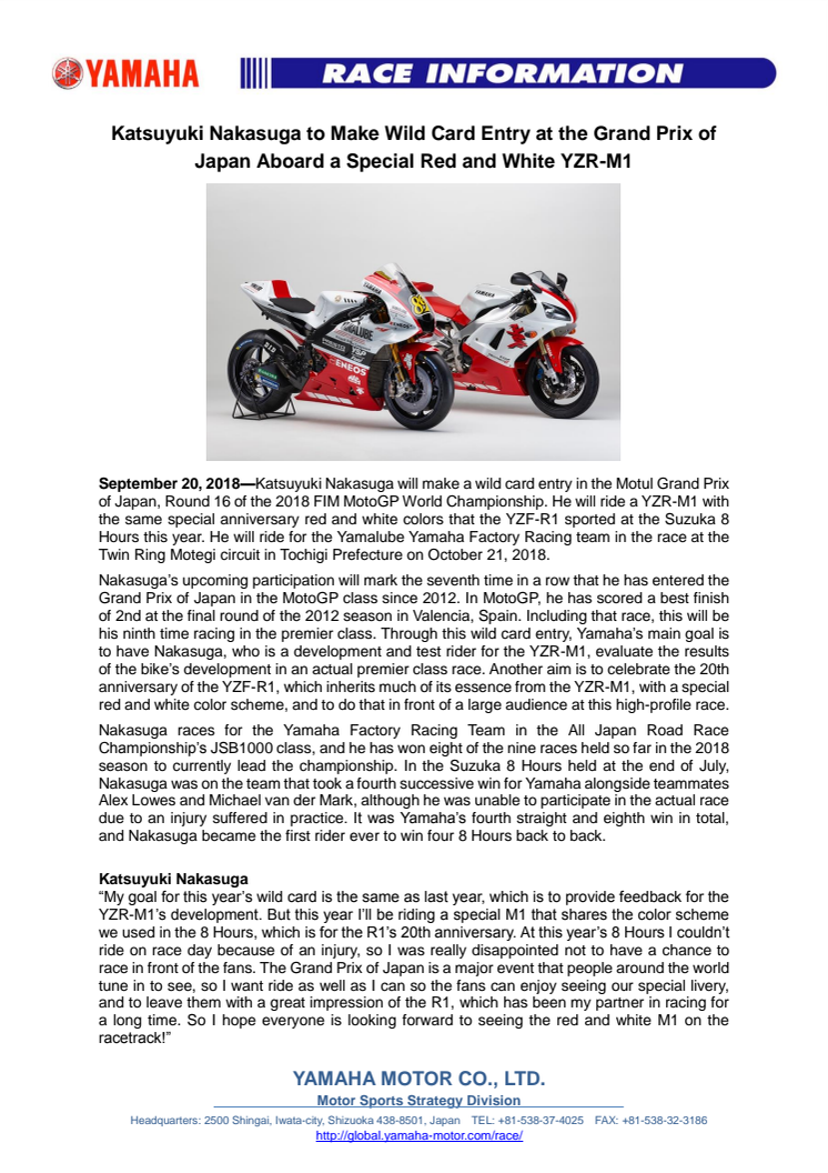 Katsuyuki Nakasuga to Make Wild Card Entry at the Grand Prix of Japan Aboard a Special Red and White YZR-M1