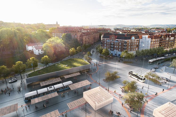 Visualisering av stationen Korsvägen med omkringliggande miljö. 
