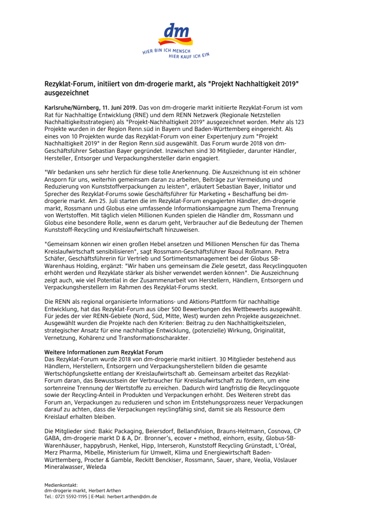 Rezyklat-Forum, initiiert von dm-drogerie markt, als "Projekt Nachhaltigkeit 2019" ausgezeichnet
